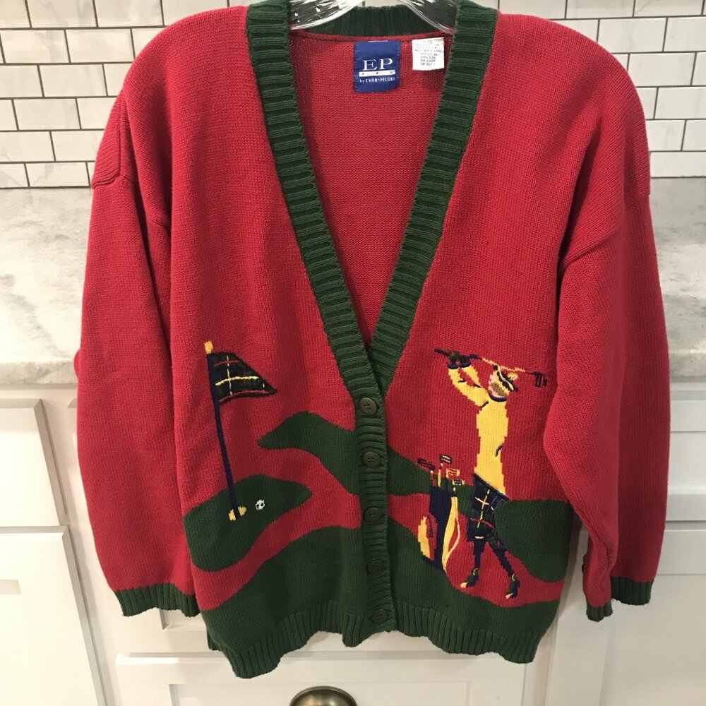 Vintage EP Pro Cardigan Sweater Womens Large Red Green Golf 90s Evan Picone